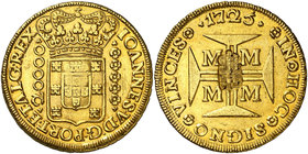 (1834-1853). Portugal. María II. (Fr. 145) (Gomes 31.02). 53,75 g. AU. 20000 reis de Brasil (Minas Gerais), Juan V 1725, con contramarca de las armas ...