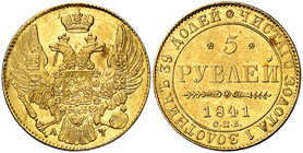 1841. Rusia. Nicolás I. (San Petersburgo). . 5 rublos. (Fr. 155) (Kr. 175.1). 6,53 g. AU. Leves marquitas. Bella. Brillo original. Escasa así. S/C-.