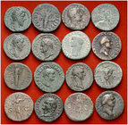 Lote de 9 ases y 7 dupondios de Claudio I (dos), Vespasiano (ocho), Nerva, Trajano, Adriano y Antonino pío (tres), todos distintos. Total 16 monedas. ...