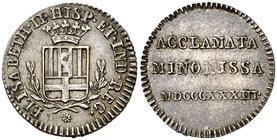 1833. Isabel II. Manresa. Medalla de Proclamación. Módulo 1 real. (Ha. 27) (Boada 58). 1,36 g. 17 mm. Final de leyenda de anverso: REG. Ex Colección M...