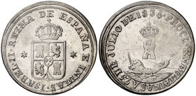 1834. Isabel II. Manila. Medalla de Proclamación. Módulo 4 reales. (Ha. 62) (Basso 95). 5,26 g. 24 mm. Acuñación floja. Parte de brillo original. Ex C...