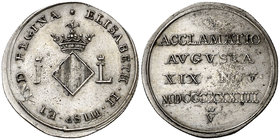 1833. Isabel II. Valencia. Medalla de Proclamación. Módulo 2 reales. (Ha. 35) (Boada 64). 3,31 g. 20 mm. Leves impurezas. Parte de brillo original. Ex...