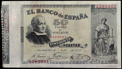 1893. 50 pesetas. (Ed. B85) (Ed. 301). 24 de julio. Jovellanos. Rotura central. Raro. (MBC-).