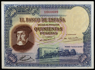 1935. 500 pesetas. (Ed. C16) (Ed. 365). 7 de enero, Hernán Cortés. Una esquina con ligero doblez e insignificante doblez central. Raro. EBC.