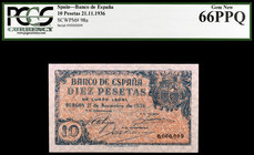 1936. Burgos. 10 pesetas. (Ed. D19) (Ed. 418). 21 de noviembre. Certificado por la PCGS como Gem New 66PPQ, Nº 0,000,009. Muy raro así. S/C.