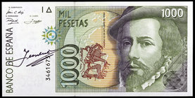 1992. 1000 pesetas. (Ed. E9) (Ed. 483). 23 de octubre, Hernán Cortés/Pizarro. Sin serie. Con firma manuscrita del Cajero en anverso. Leve defecto del ...