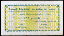 Cabra del Camp. 50 céntimos y 1 peseta. (T. 649 y 650b). 2 billetes, serie completa. Raros así. EBC-/EBC+.