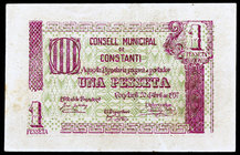 Constantí. 25, 50 céntimos y 1 peseta. (T. 1004, 1005 y 1006). 3 billetes, serie completa. Ex Colección José Martí, Áureo 17/11/2004, nº 5468. Raros a...