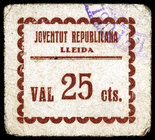 Lleida. Juventut Republicana. 25 céntimos. (AL. 3471). Cartón. Raro. MBC-.