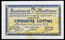 Montblanc. 5, 10, 25, 50 (dos) y 1 peseta (tres). (T. 1765 a 1772). 8 billetes, tres series completas, todos los emitidos por el Ayuntamiento. Ex Cole...