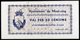 Mont-roig. 25, 50 céntimos y 1 peseta. (T. 1836, 1837b y 1838a). 3 billetes, serie completa. Ex Colección José Martí, Áureo 17/11/2004, nº 5600. Escas...