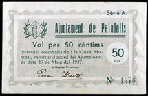 Palafolls. 50 céntimos y 1 peseta. (T. 1993 y 1994). 2 billetes, serie completa, uno con restos de celofán. Raros. MBC-/MBC+.