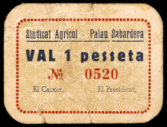 Palau Saverdera. Sindicat Agricola. 1 peseta. (T. 2024). Muy raro. BC.