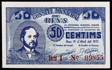 Reus. 25 (seis). 50 (seis) céntimos y 1 (siete) pesetas. (T. 2397 a 2415). 19 billetes, todos los de la localidad. Ex Colección José Martí, Áureo 17/1...