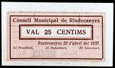 Riudecanyes. 25, 50 céntimos y 1 peseta. (T. 2495c, 2496b y 2497b). 3 billetes, serie completa. Ex Colección José Martí, Áureo 17/11/2004, nº 5700. Mu...