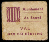 Sarral. 50 céntimos (dos). (T. 2638 y 2640a). 2 cartones con restos de celofán. Raros. BC/BC+.