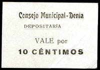Dénia (Alicante). 10, 25 céntimos (dos) y 1 peseta. (T. 693a, 694l, 695h y 697) (RGH. 2212, 2215, 2216 y 2218). 3 billetes y 1 cartón. Conjunto escaso...