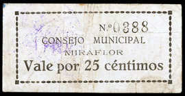 Miraflor (Alicante). 25 céntimos. (T. 951) (RGH. 3551, sin imagen). Muy raro. BC+.