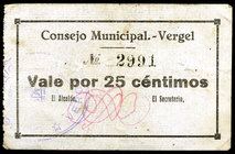 Vergel, El (Alicante). 25 céntimos y 1 peseta. (T. 1459 var y 1461 var) (RGH 5470 y 5472). 2 billetes. Raros. BC+/MBC-.