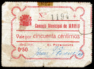 María (Almería). 50 céntimos. (KG. falta (menciona sólo el valor de 1 peseta)) (RGH. 3377). Raro. BC.