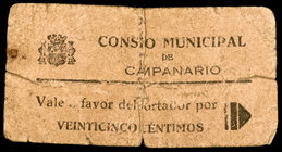 Campanario (Badajoz). 25 céntimos. (KG. 217) (RGH. 1449). Cartón cosido en la época. Raro. BC-.