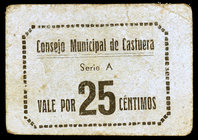 Castuera (Badajoz). 25, 50 céntimos y 1 peseta. (KG. 270 y falta) (RGH. 1834, 1835 y 1836). 3 cartones, todos los de la localidad. Raros. BC-/MBC-.
