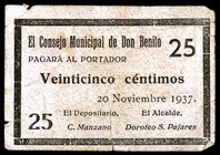Don Benito (Badajoz). 25 céntimos y 1 peseta. (KG. 320) (RGH. 2238 y 2240). Dos billetes y 1 cartón: Manuela Soto Sosa "vale por 2 panes". BC/BC+.