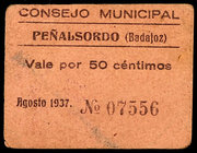 Peñalsordo (Badajoz). 50 céntimos y 1 peseta. (KG. 577) (RGH. 4136 y 4137). 2 cartones. BC+/MBC-.