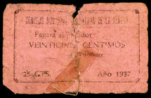 Quintana de la Serena (Badajoz). 25 céntimos. (KG. falta) (RGH. 4441). Roto y pegado en la época. Muy raro. (BC-).