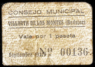 Villarta de los Montes (Badajoz). 1 peseta. (KG. falta) (RGH. falta). Cartón nº 00136. Muy raro. BC.