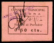 Alcora, La (Castellón). 50 céntimos. (T. 80) (RGH. 358). Tapón del Banco de Valencia. Agencia de Alcora. Cartón. Raro y más así. MBC+.