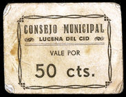 Lucena del Cid (Castellón). 50 céntimos. (T. 891) (RGH. 3252). Cartón. Raro. BC+.