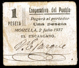 Morella (Castellón). Cooperativa del Pueblo. 1 peseta. (T. 997) (RGH. 3724). Cartón. Restos de celofán. Muy raro. MBC-.