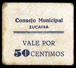 Zucaina (Castellón). 50 céntimos. (Según Turró esta localidad no emitió billetes) (RGH. 5858). Cartón. Muy raro. MBC-.