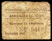 Abenojar (Ciudad Real). 25 y 50 céntimos. (KG. 4) (RGH. 23 y 24). 2 cartones, uno roto y cosido en la época. Muy raros. MC/BC-.
