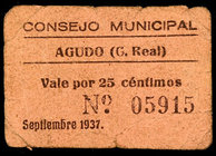 Agudo (Ciudad Real). 25 céntimos y 1 peseta. (KG. 13 y falta) (RGH. 85 y 86). 2 cartones. Raros. BC+.