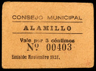 Alamillo (Ciudad Real). 5 y 25 céntimos. (KG. 20a) (RGH. 118, sin imagen y 120). 2 cartones. Raros. BC-/BC+.