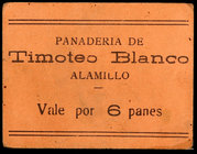 Alamillo (Ciudad Real). Panaderia de Timoteo Blanco. 2 cartones: vale por un pan y por 6 panes. Firma y fecha 1.8.37 en reverso. BC+.