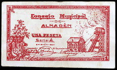 Almadén (Ciudad Real). 25 (dos) y 50 céntimos, 1 y 2 pesetas. (KG. 81) (RGH. 535, 536, 537 y 538). 5 billetes, uno roto y pegado en la época, una seri...