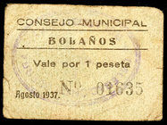 Bolaños (Ciudad Real). 1 peseta. (KG. 187) (RGH. 1257). Cartón. Raro. MBC-.