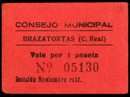 Brazatortas (Ciudad Real). 1 peseta. (KG. 191) (RGH. 1288, sin imagen). Cartón. Raro. MBC.
