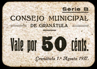 Granatula (Ciudad Real). 25, 50 céntimos y 2 pesetas. (KG. 391 y falta) (RGH. 2713, 2714 y 2716). 3 cartones, el de 2 pesetas muy raro. BC/MBC.