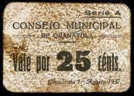 Granatula (Ciudad Real). 25 céntimos (dos). (KG. 391) (RGH. 2713). 2 cartones, uno con roturas. Raros. BC-/BC+.
