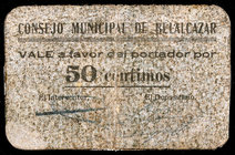 Belalcazar (Córdoba). 50 céntimos y 1 peseta). (KG. 138) (RGH. 949 y 950). 2 cartones, uno roto y cosido en la época. Raros. BC-/MBC-.