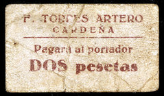 Cardeña (Cordoba). F. Torres Artero. 2 pesetas. (KG. falta) (RGH. falta). Muy raro. BC.