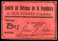 Dos Torres (Córdoba). 50 céntimos y 2 pesetas (dos, rectificados sobre 5 pesetas). (KG. 322 y 322a) (RGH. 2258 y 2260 (dos)). 2 cartones del Comité de...
