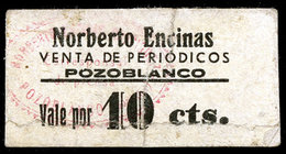 Pozoblanco (Córdoba). Norberto Encinas. Venta de periódicos. 10 céntimos. (KG. falta) (RGH. falta). Cartón. Restos de celofán. Muy raro. MBC-.