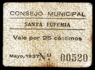 Santa Eufemia (Córdoba). 25 céntimos. (KG. 684) (RGH. 4735). Cartón. Raro. BC+.