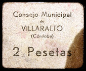 Villaralto (Córdoba). 2 pesetas. (KG. 811) (RGH. 5687). Mancha. Raro. BC+.