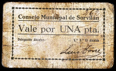 Sorvilán (Granada). Consejo Municipal. 1 peseta. (KG. falta) (RGH. falta). Cartón nº 262. Muy raro. BC+.